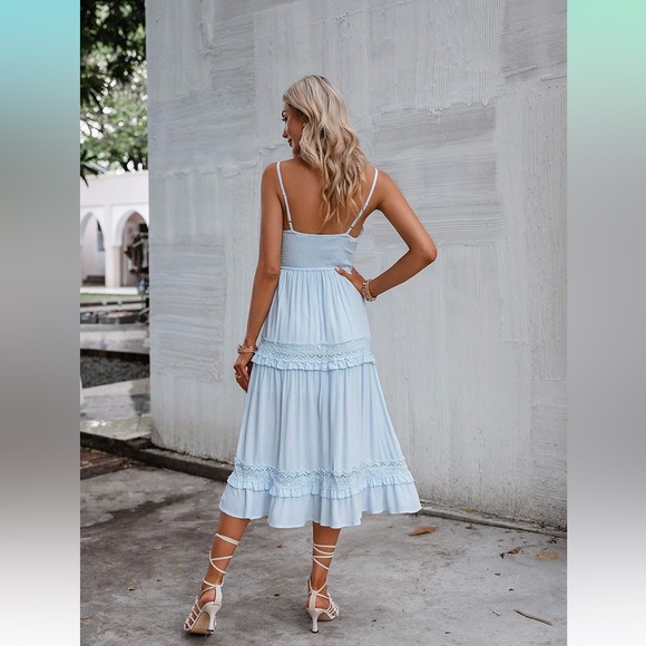 Women’s Blue Summer Boho Spaghetti Strap Casual Long Flowy Dress. - Picture 3 of 8